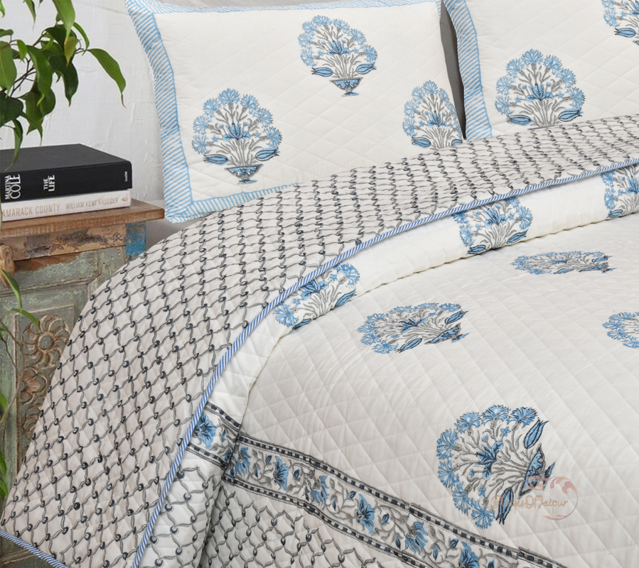 INDIAN COTTON QUILT, Jaipuri Razai, Unique 2 Pillow Cover Gulmohar Block Print Quilt, Hand Made Indian Bedspread Diamond Cut Machine Quilted