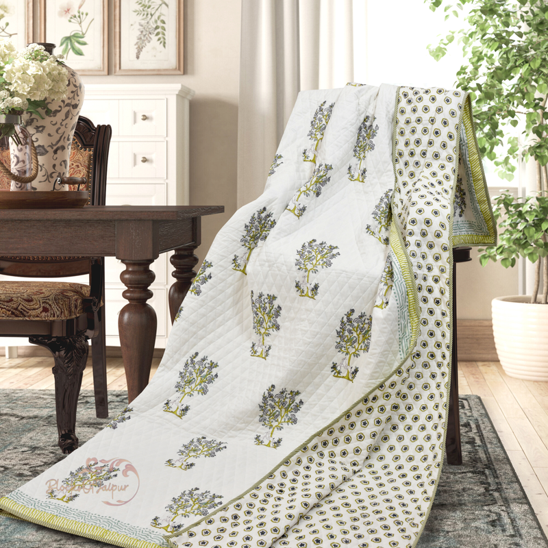 INDIAN COTTON QUILT, Jaipuri Razai, Unique 2 Pillow Cover Floral Block Print Quilt, Hand Made Indian Bedspread, Diamond Cut Machine Quilted